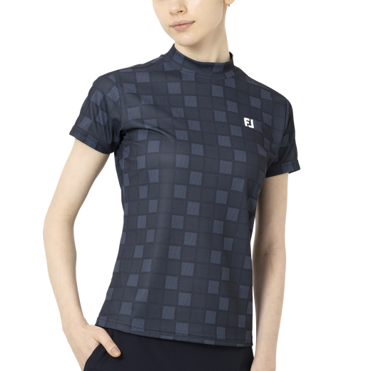 スクエアチェック半袖モックネックシャツ