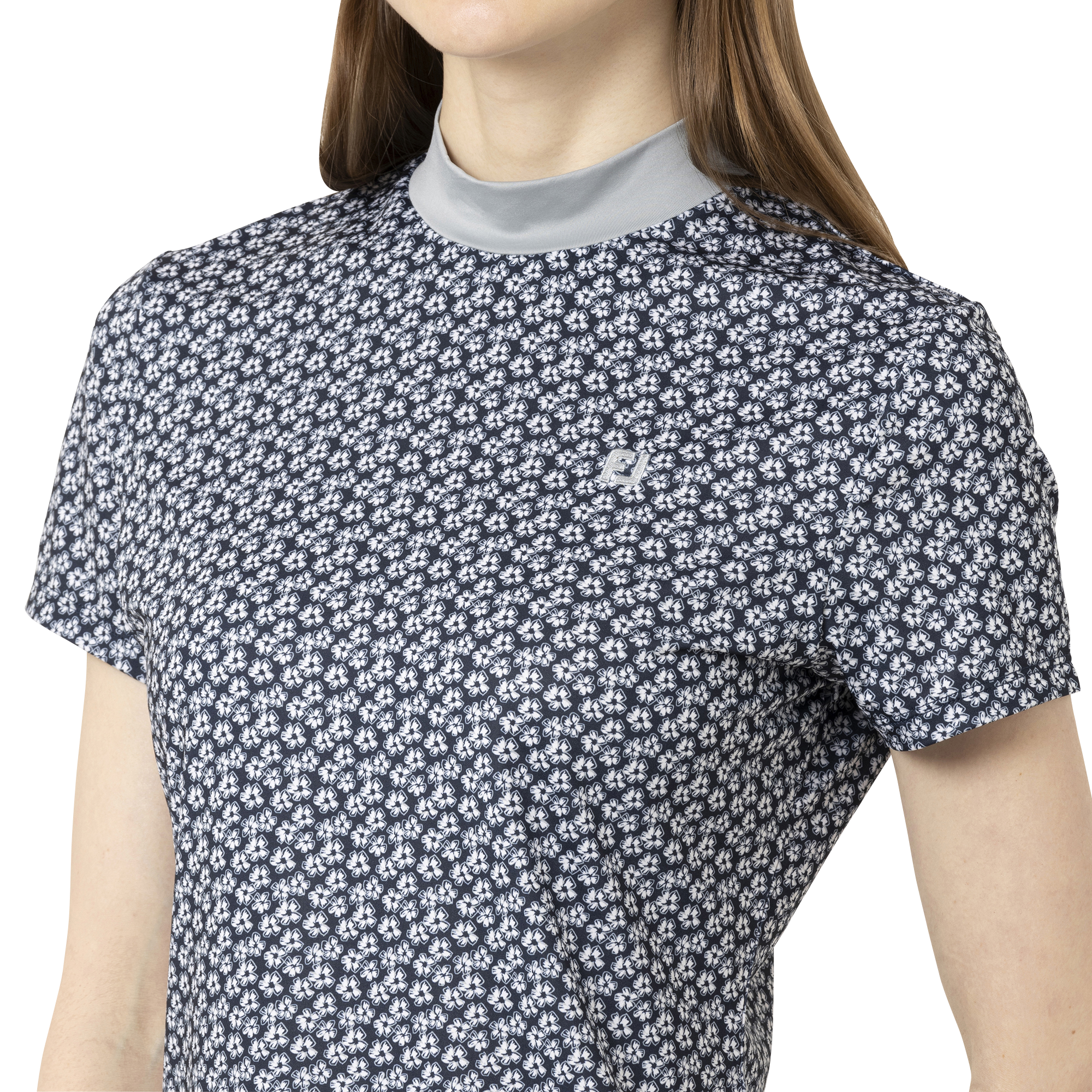 フラワープリント半袖モックネックシャツ