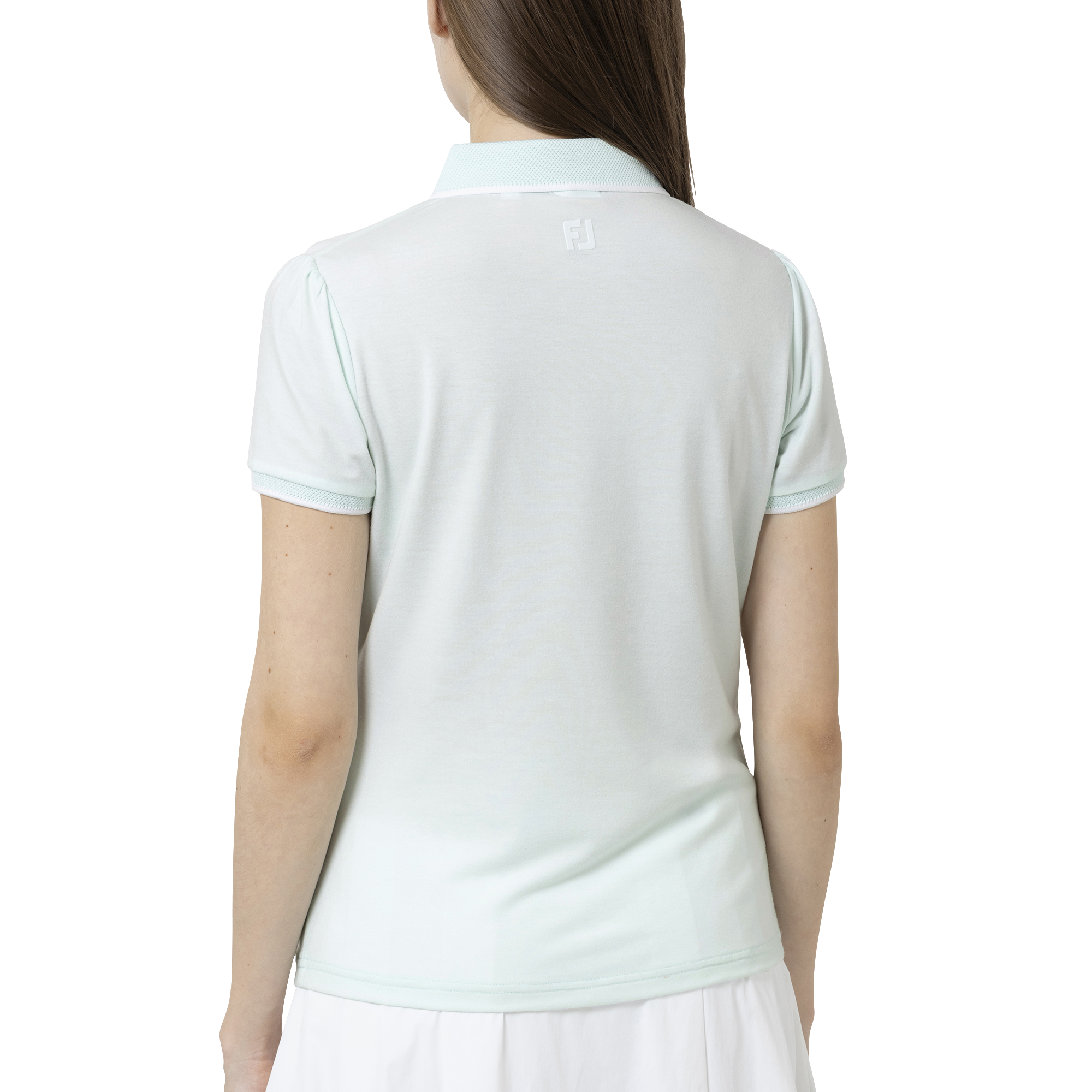 ポップコーンメッシュ襟　スリーブギャザーコットンライクストレッチ半袖シャツ