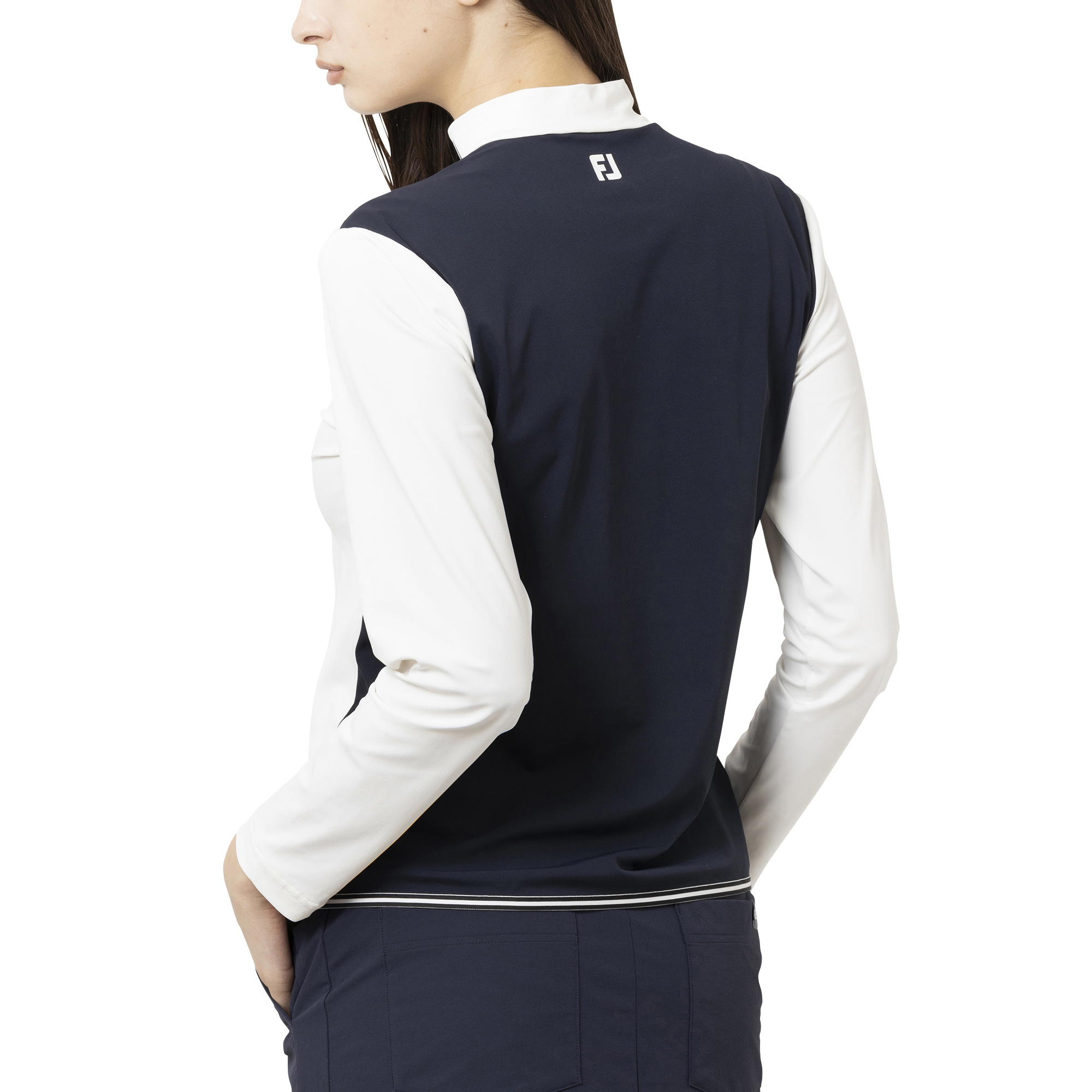 カラーブロック長袖モックネックシャツ