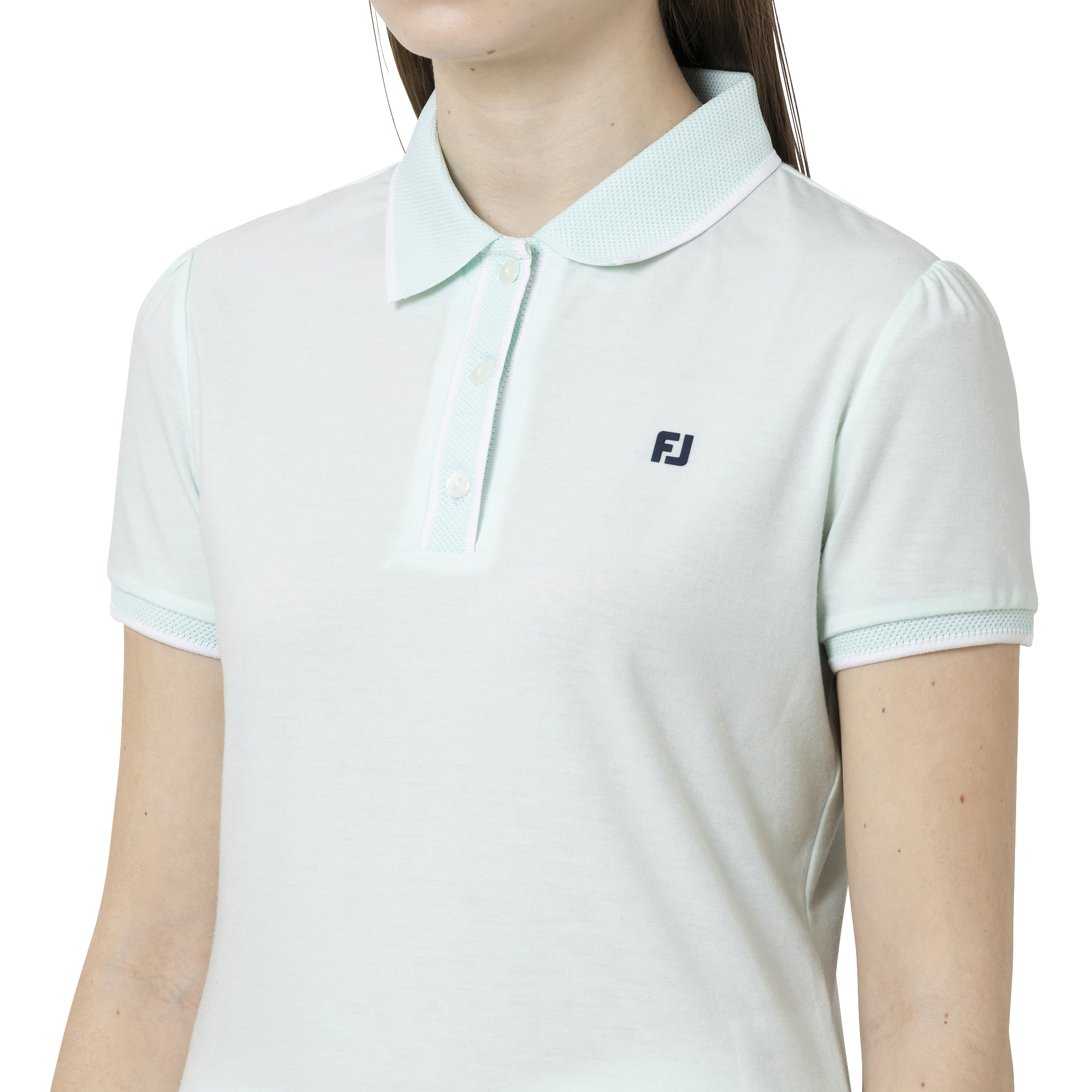 ポップコーンメッシュ襟　スリーブギャザーコットンライクストレッチ半袖シャツ